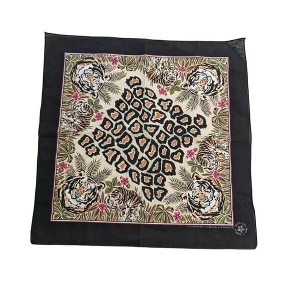 Black Tan Tiger Animal Print Handkerchief Scarf Bandana Made in USA RN14193 O - Picture 1 of 4